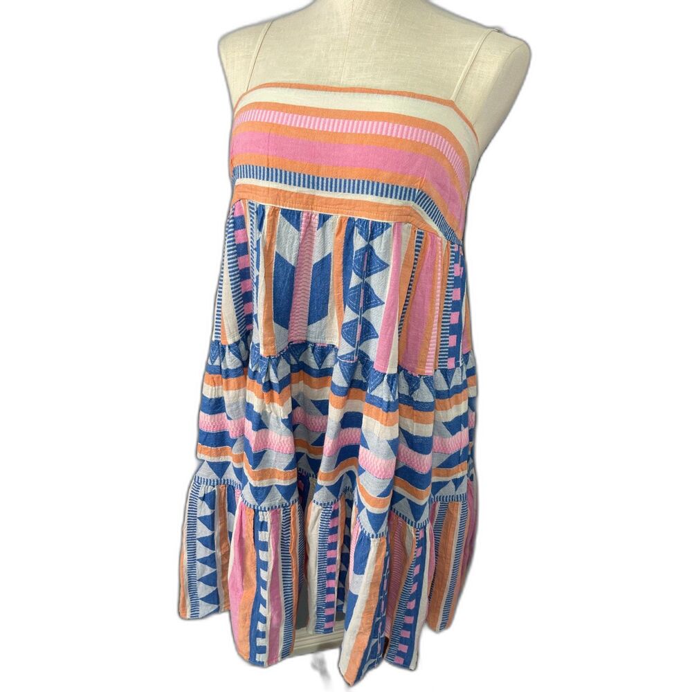 Devotion Twins Ro Tiered Mini Cami Dress S Pink Orange Blue Geometric Cotton‎